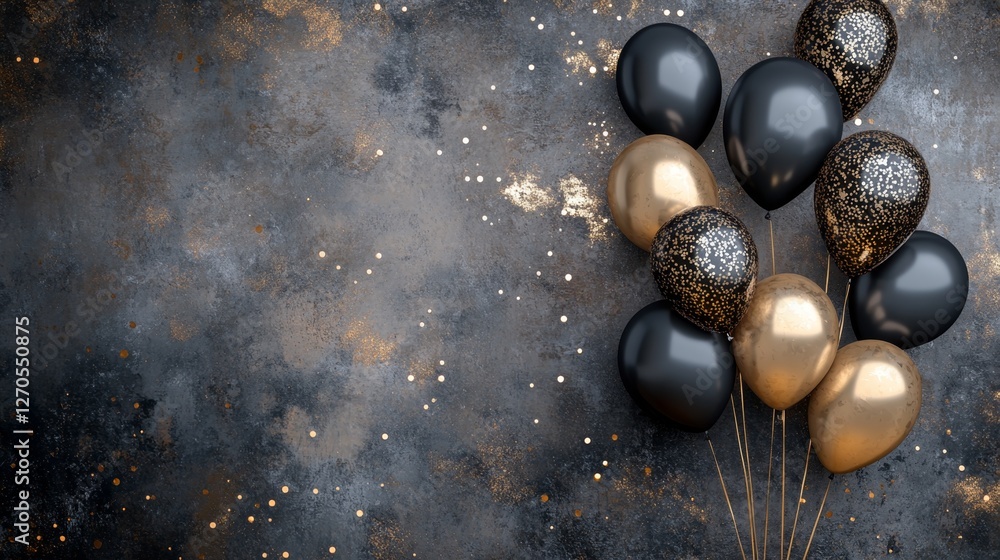 Fototapeta premium Elegant Black and Gold Balloons on Dark Sparkling Canvas Background
