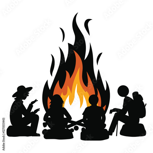 Silhouette of friends gathered around a campfire