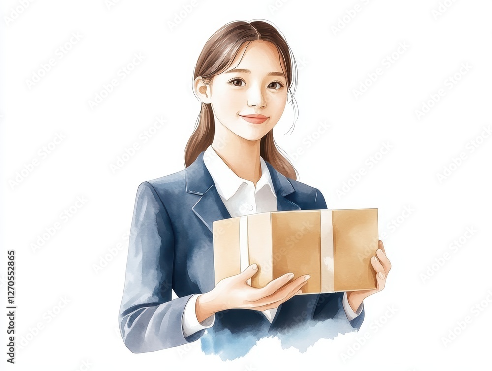 Woman holding box with paper, delivery, surprise, gift, or message? unveiling the contents within Woman holding box with paper, delivery, surprise, gift, or message? unveiling the contents within