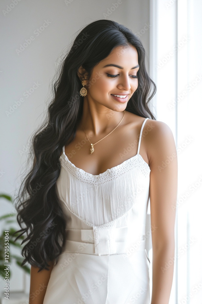 Beautiful Indian Woman in White Applying Cream With a Smile Beautiful Indian Woman in White Applying Cream With a Smile