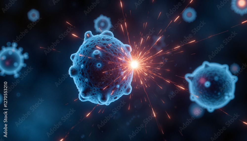 Obraz premium Microscopic view of viruses interacting with light bursts