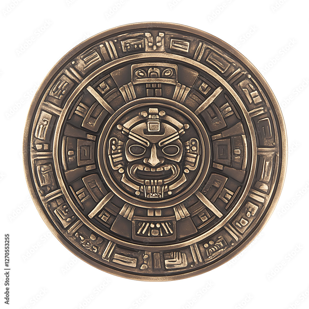 Fototapeta premium Ancient Bronze Aztec Calendar Sun Stone Depicting an Elaborate Face and Glyphs on a Round Decorative Plaque