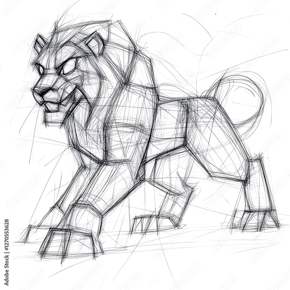 Naklejka premium Angular Lion Sketch Render a Geometric Approach to Wildlife Depicting Strength and Wild Beauty