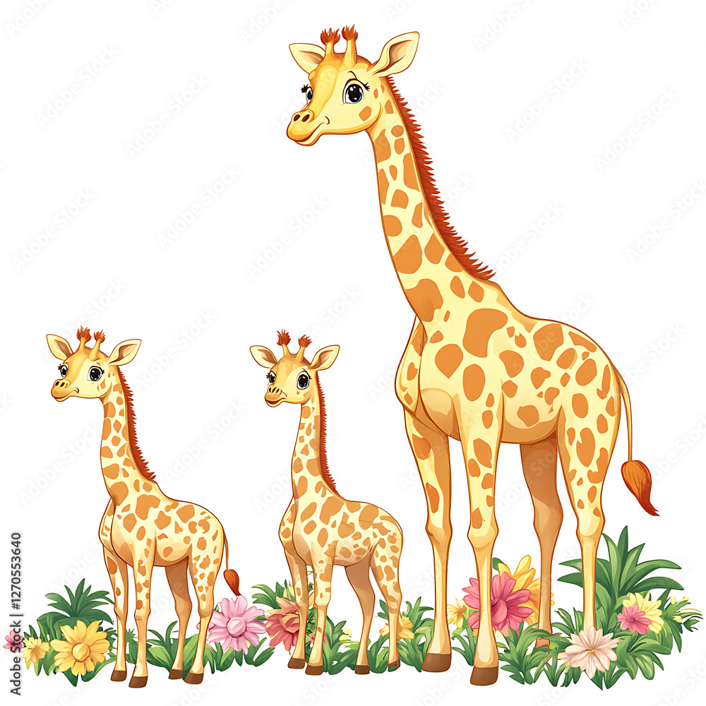 Fototapeta premium Animated Giraffe Family Gathering Amongst Colorful Flowers Cartoon Style Illustration Design