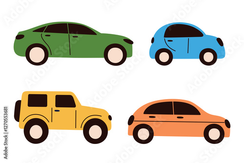 Vector illustration set of four cartoon cars in flat cartoon style. Minimalistic colorful sedan, compact car, SUV, and jeep. Doodle icons for transportation, travel, children books, and urban themes