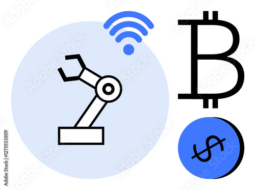 Robotic arm with wireless signal, Bitcoin symbol, and dollar sign. Ideal for finance, technology, cryptocurrency, automation, smart industry innovation business. Simplified abstract line flat