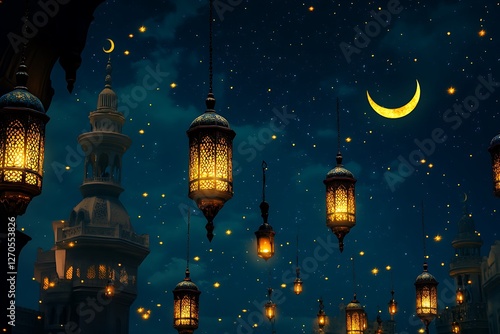 Deep Blue Night Sky with Golden Arabic Lantern. photo