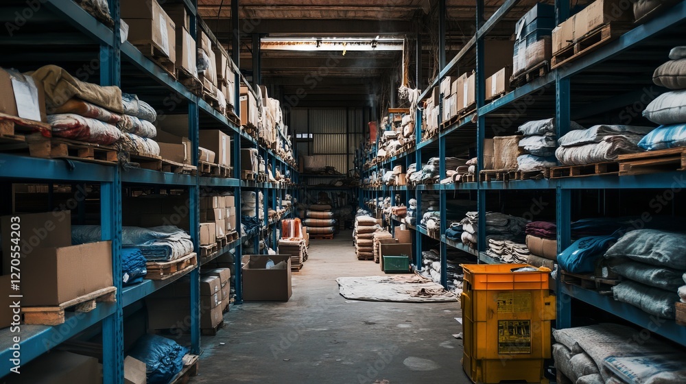 Warehouse Interior With Shelves Of Boxes, Sacks. Storage Or Distribution Center, Inventory Stock. Warehouse Interior With Shelves Of Boxes, Sacks. Storage Or Distribution Center, Inventory Stock.