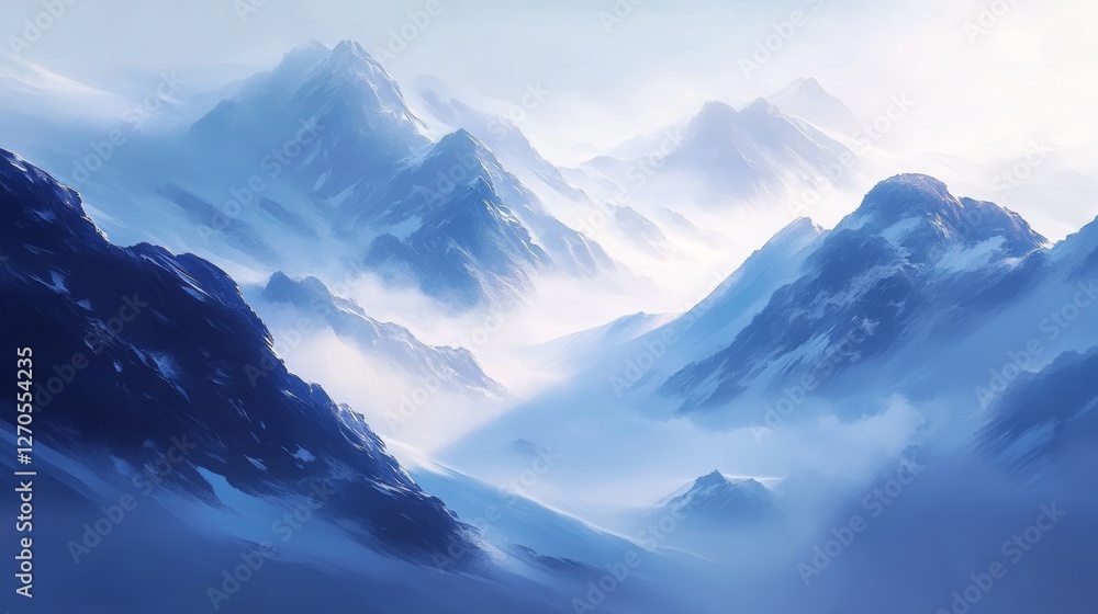 Obraz premium Jagged, snow-capped peaks rise sharply through a misty atmosphere, with sunlight casting dramatic shadows on rugged rock faces.