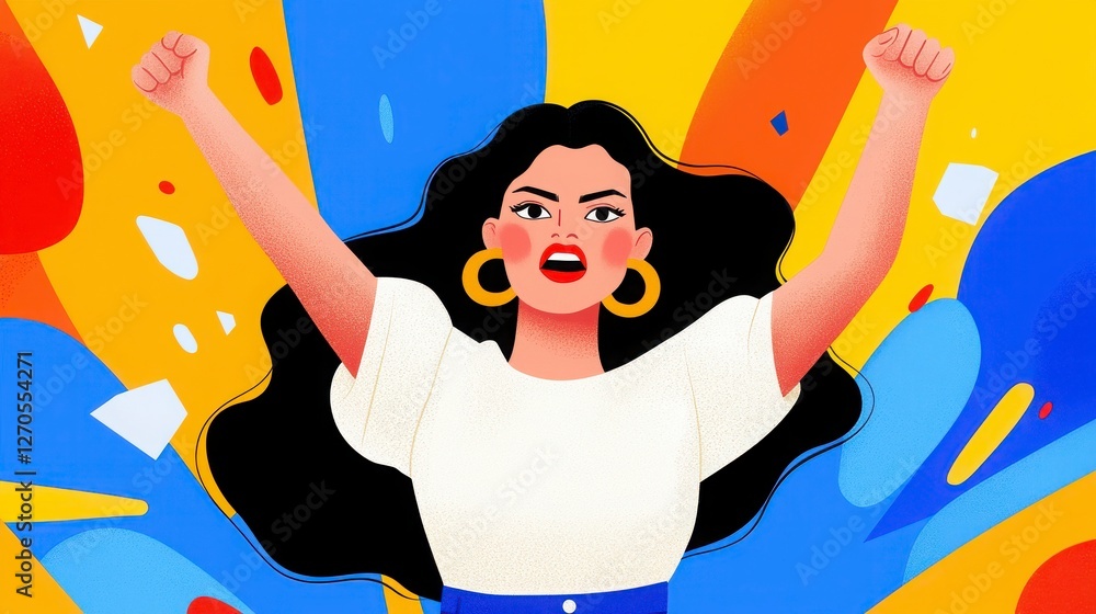 A confident woman with long hair raises her fists in a powerful pose, surrounded by vibrant, colorful abstract patterns. A confident woman with long hair raises her fists in a powerful pose, surrounded by vibrant, colorful abstract patterns.