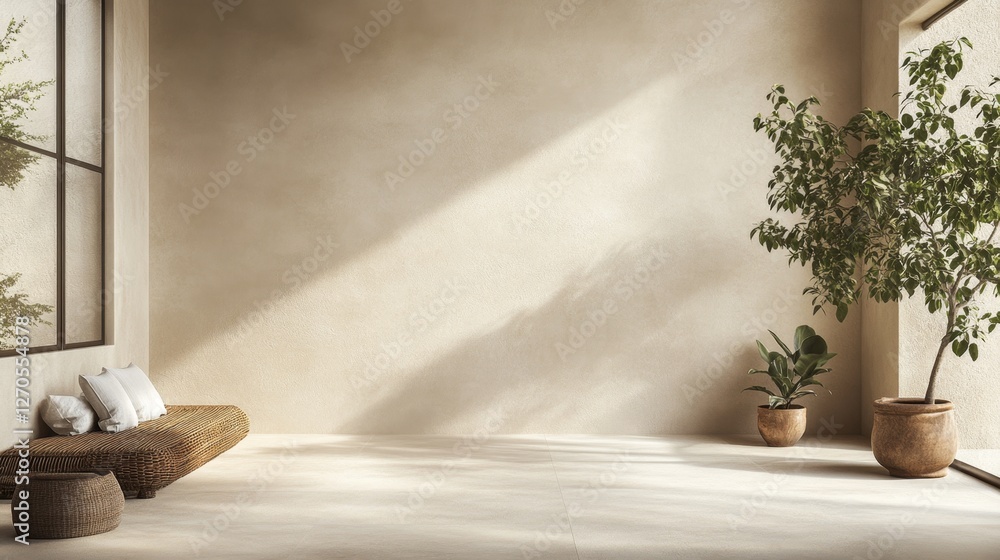 Serene Soft Creamy Beige Room with Natural Light and Greenery Serene Soft Creamy Beige Room with Natural Light and Greenery