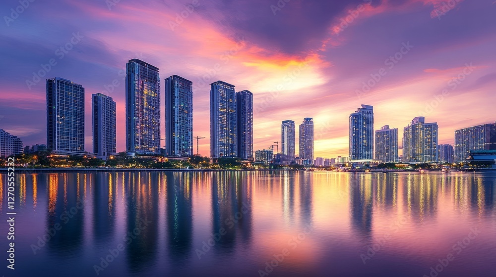 Fototapeta premium Cityscape At Sunset, Reflecting Lights.