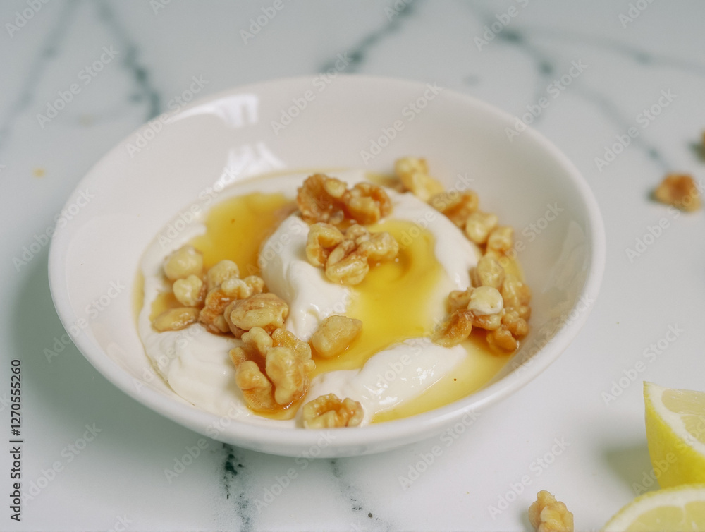 Greek yogurt with honey and walnuts topped with lemon on marble surface Greek yogurt with honey and walnuts topped with lemon on marble surface