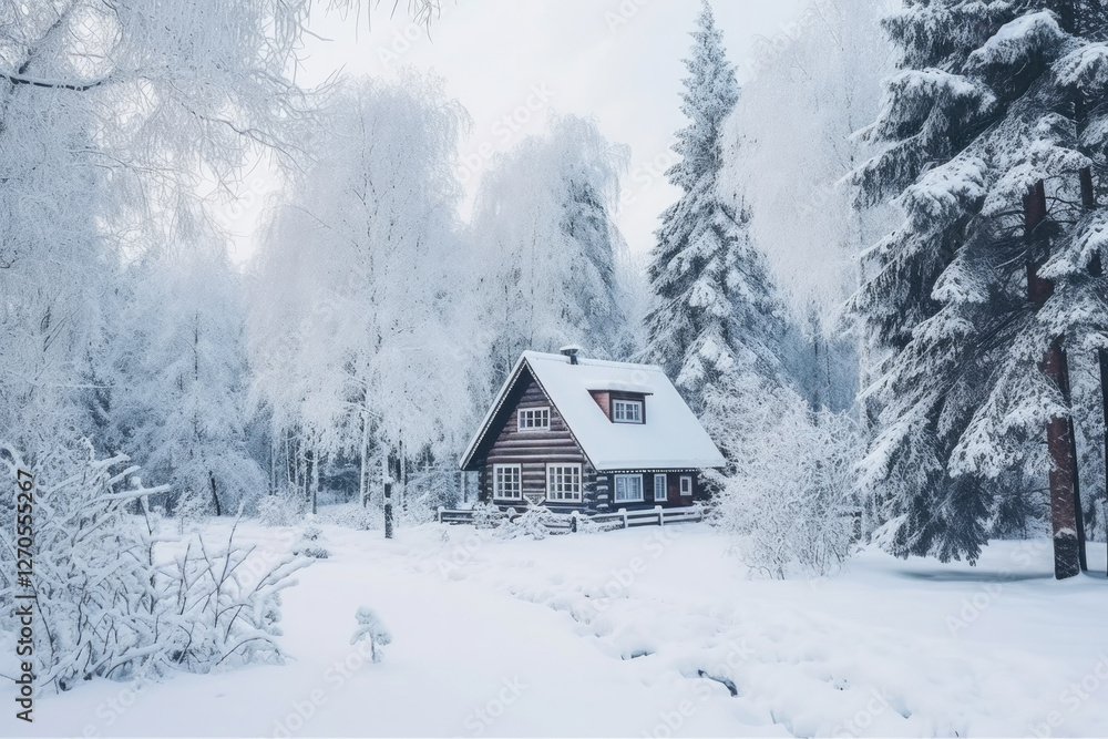 Lonely cozy house in the winter forest Lonely cozy house in the winter forest