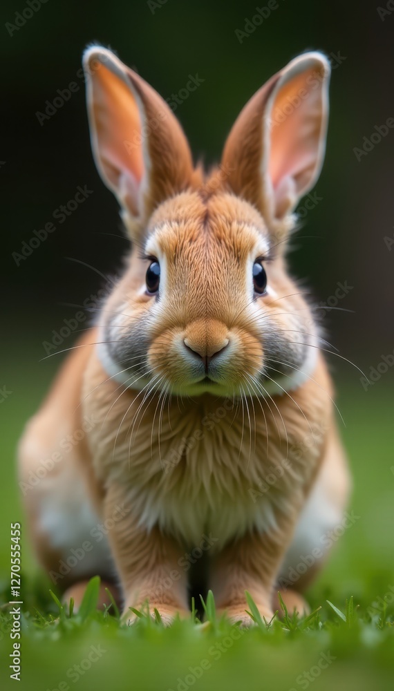 Fototapeta premium Small Netherland Dwarf rabbit, fluffy ears, brown fur, paws, fluffy