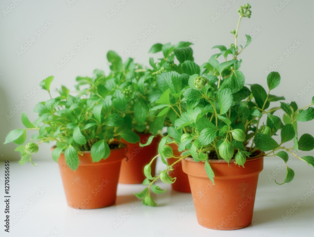 Green strawberry plants in terracotta pots against a soft background Green strawberry plants in terracotta pots against a soft background