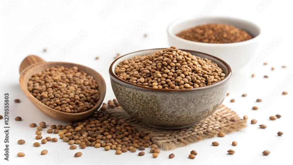 Culinary Grains: An overhead shot of three bowls filled with grains and seeds, highlighting culinary textures and flavors with a wooden scoop Culinary Grains: An overhead shot of three bowls filled with grains and seeds, highlighting culinary textures and flavors with a wooden scoop