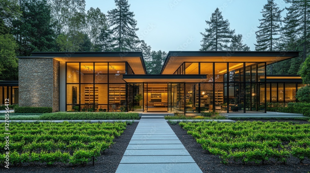 Fototapeta premium Modern glass and stone house at dusk, lit from within. Perfect for architecture, luxury, or real estate projects.