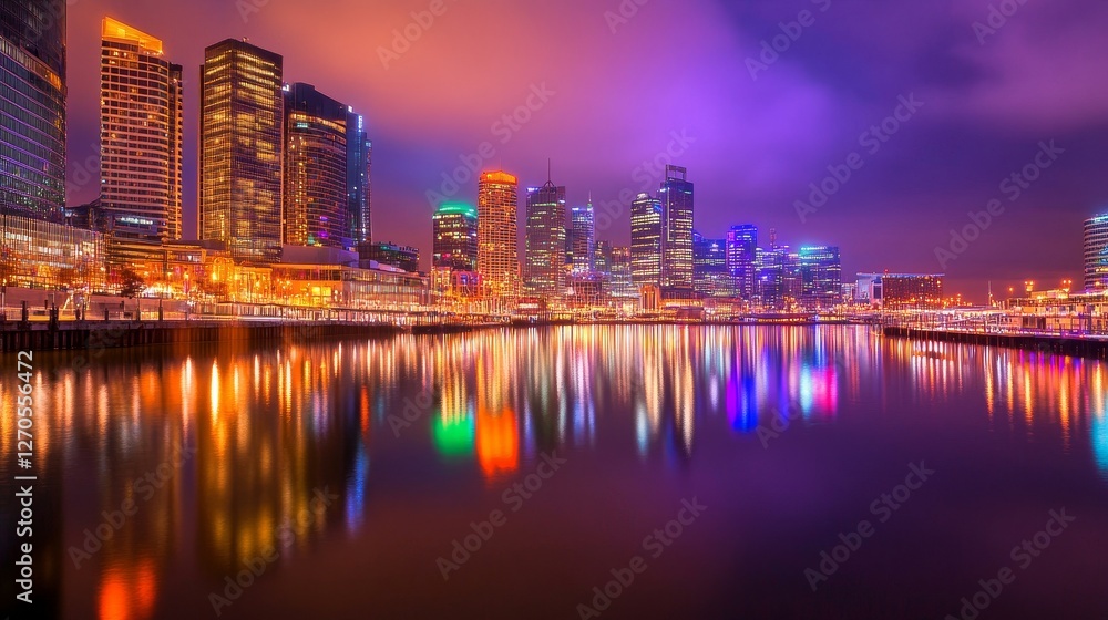 Fototapeta premium Stunning city skyline at night reflecting on water, vibrant light illuminating urban landscape