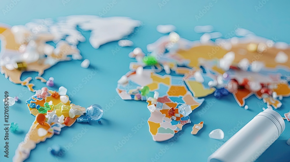 Fototapeta premium Plastic pollution idea. Colorful world map with decorative elements for educational and travel purposes.