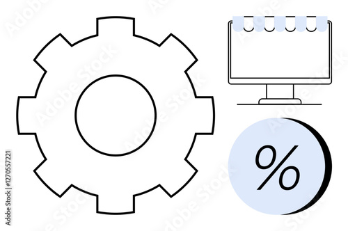 Gear symbol, calendar on monitor, and percentage sign showcasing productivity, finance, and statistics. Ideal for business planning, project management, financial analysis, marketing, education photo