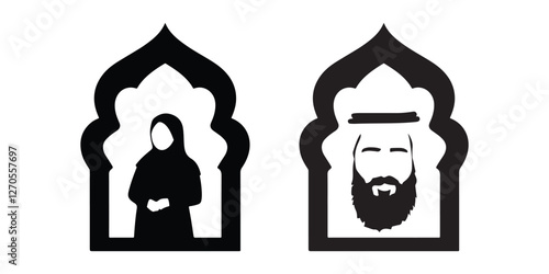 silhouette of a man and woman in islamic window shape isolate in white background