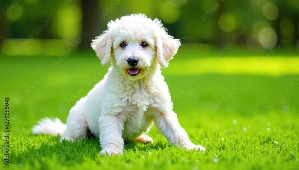 Fluffy white poodle sits patiently on lush green grass , nature, field Fluffy white poodle sits patiently on lush green grass , nature, field