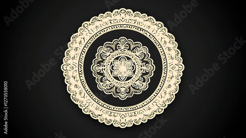 Beige Round Delicate Lacy Decorative Element with Intricate Geometric Mandala Design on Dark Background photo