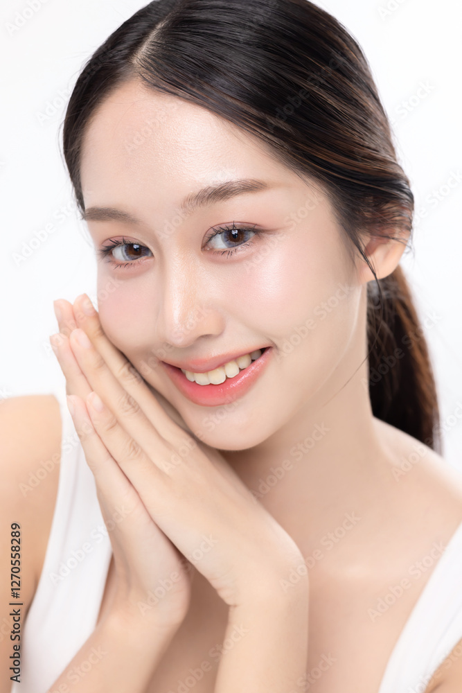 Young Asian beautiful woman with K-beauty make up style and healthy and perfect skin isolated on white background for skincare commercial product advertising. Young Asian beautiful woman with K-beauty make up style and healthy and perfect skin isolated on white background for skincare commercial product advertising.