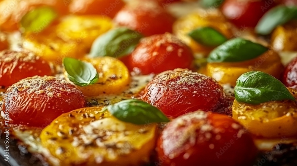 A close-up of roasted tomatoes and basil, showcasing vibrant colors and textures. A close-up of roasted tomatoes and basil, showcasing vibrant colors and textures.