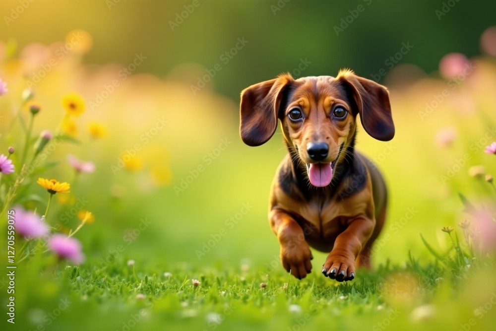 Playful dachshund running in a field of wildflowers , active, adorable Playful dachshund running in a field of wildflowers , active, adorable