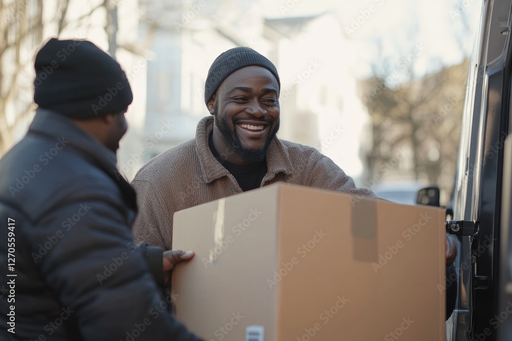 Men Loading The Cardboard Boxes During Moving, Men Loading The Cardboard Boxes During Moving,