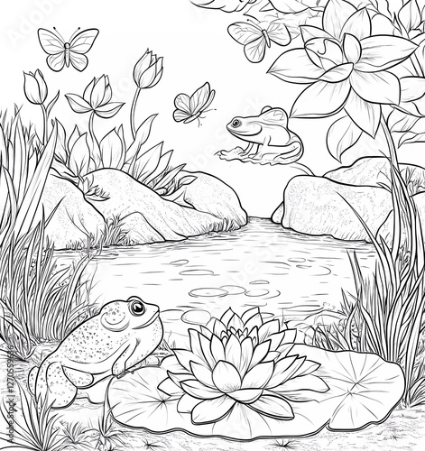 Wallpaper Mural A coloring page of an idyllic spring landscape with blooming lotus flowers, butterflies, and small water lilies in the middle of a meadow by a river. Torontodigital.ca
