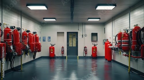 Fototapeta Naklejka Na Ścianę i Meble -  A room containing numerous red fire extinguishers attached to walls
