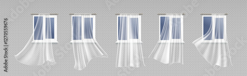 Window curtains set isolated on transparent background. Vector realistic illustration of white tulle, light fabric flying in wind, textile veil drapery for home interior design, soft silk decoration