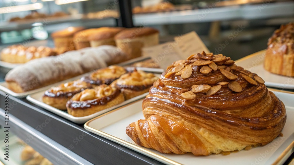 Busy Bakery Counter with Croissant Display Busy Bakery Counter with Croissant Display