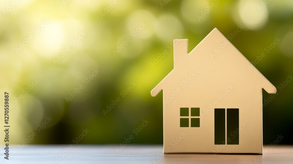 A minimalist representation of a house model with a blurred green natural background A minimalist representation of a house model with a blurred green natural background