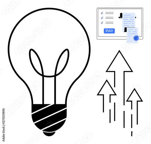 Large light bulb symbolizing innovation, document with pay button and checklist representing financial management, and arrows pointing upward indicating growth or progress. Ideal for startups