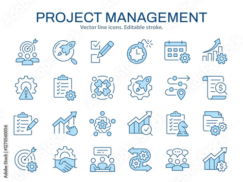 Project management icons, such as collaboration, growth chart, workflow, strategy, and more. Vector illustration isolated on white. Editable stroke. photo