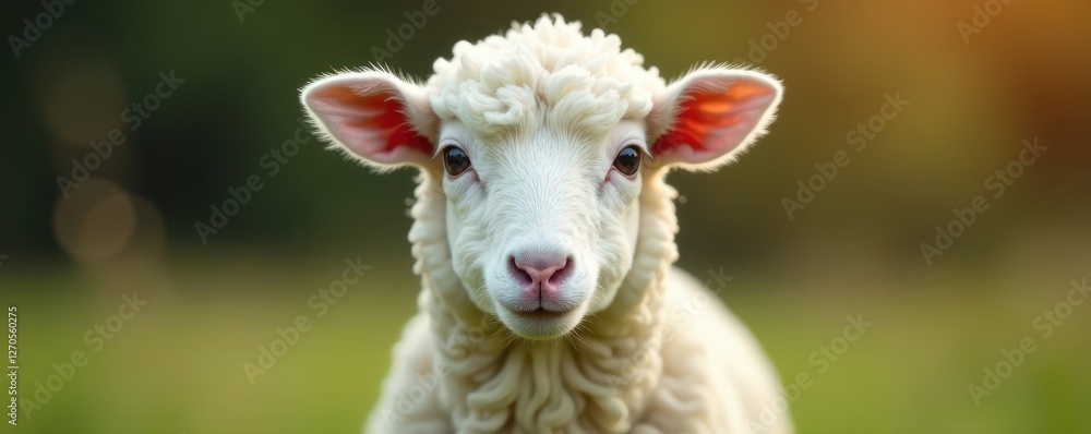 Fototapeta premium A single white sheep, front and center, against a blurred background, wool, sheep