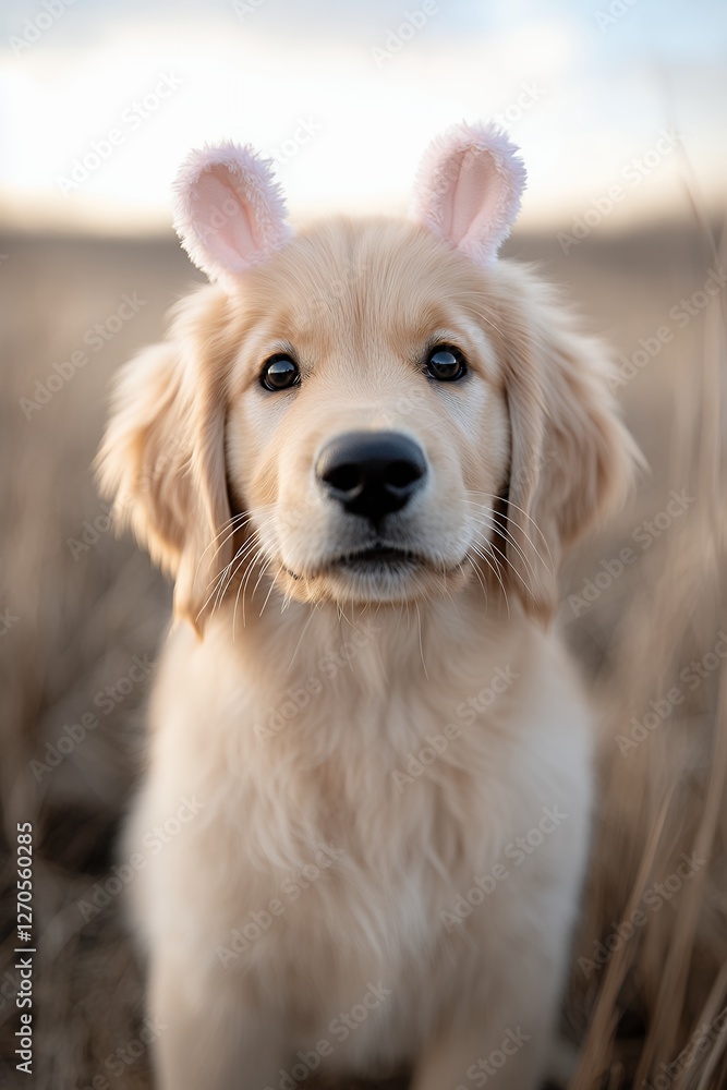 Adorable Golden Retriever Puppy with Bunny Ears in a Field Adorable Golden Retriever Puppy with Bunny Ears in a Field