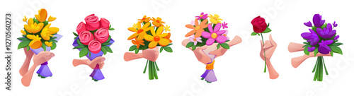 Hands holding flower bouquets set isolated on white background. Vector cartoon illustration of male or female arms with beautiful floral presents, birthday, holiday, wedding or romantic date gifts