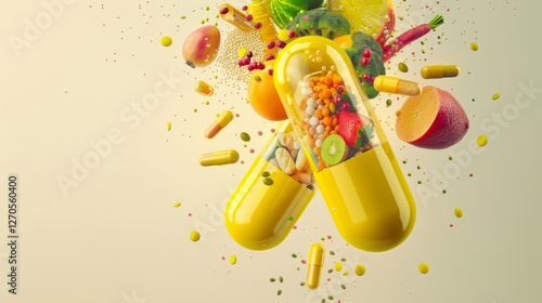 Pill capsule filled with vegetables and fruits. Vitamin and mineral supplements capsule with fruits vegetables. Multivitamin capsule. Colorful capsule. Fresh fruits and vegetables. Supplement. Healthy