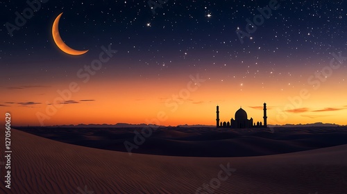 Peaceful Desert Landscape Under the Ramadan Moon. photo