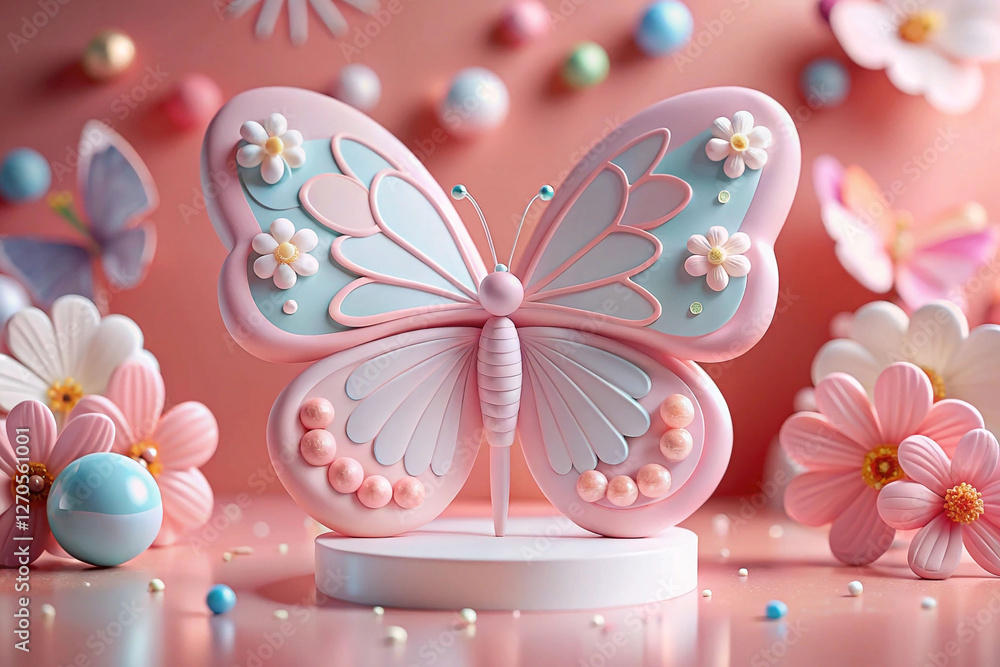 Fototapeta premium Pink Butterfly Display on Pink Background with Flowers and Balls. Possible Use Greeting Card