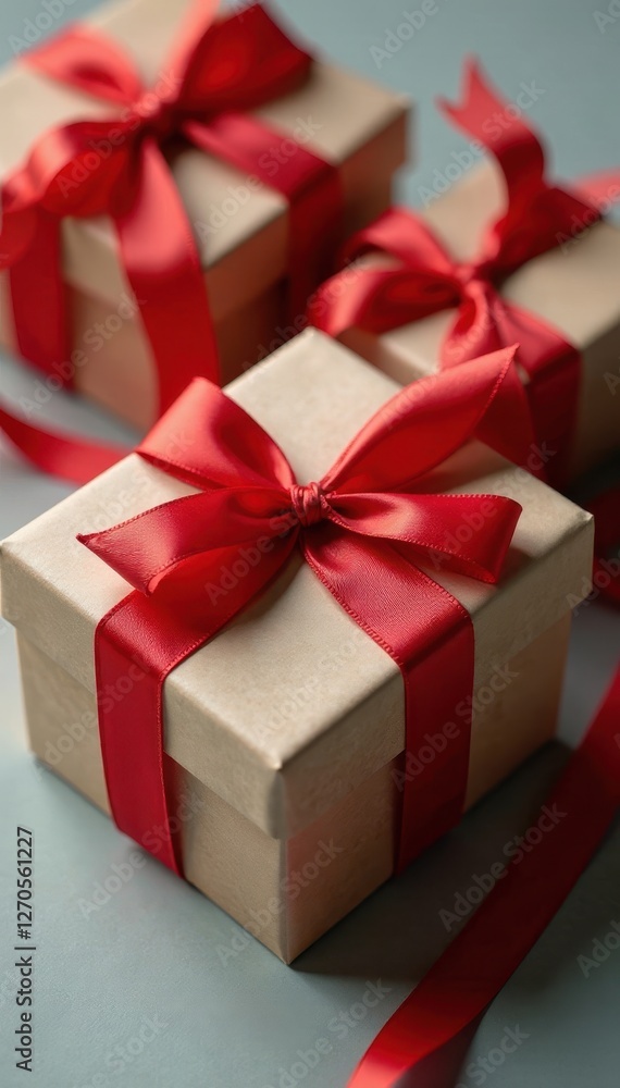 Obraz premium Elegant red ribboned gift boxes, eco paper, isolated, elegant, photography