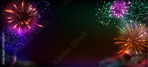 Colorful fireworks with sparkling bursts on dark sky. Festive pyrotechnic effects with brilliant light trails and glowing particles. Celebration background frame with exploding firecrackers.