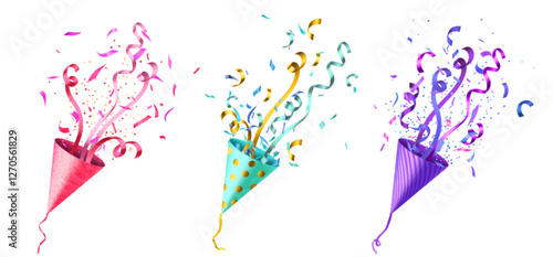 Confetti poppers set isolated on white background. Vector realistic illustration of cone crackers with paper serpentine and color streamer ribbons burst, holiday celebration emoji, party symbol