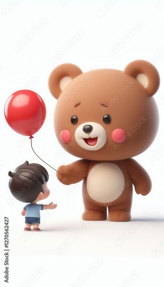 Fototapeta premium Child playfully interacts with cute bear character bright studio setting animation whimsical