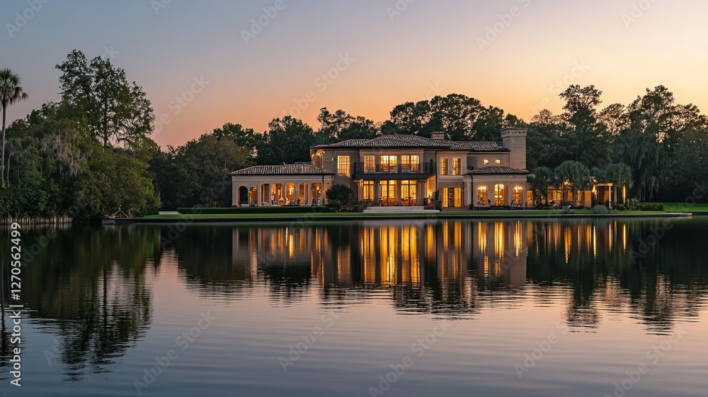 Luxury Waterfront Estate Reflecting In Calm Water At Twilight. A Symbol Of Success, Wealth, And Real Estate Dreams. Luxury Waterfront Estate Reflecting In Calm Water At Twilight. A Symbol Of Success, Wealth, And Real Estate Dreams.